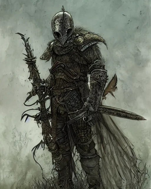 Image similar to a hyper realistic painting of a fantasy undead knight in old broken armor, pale colors, fog, dark fantasy, cinematic lighting, nighttime, by rebecca guay