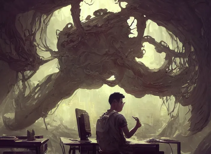 Image similar to an insanely detailed painting of an asian man wearing a homemade superhero costume, sitting at a desk, staring seriously at the computer and typing, in the style of peter mohrbacher, james jean, ruan jia, dramatic lighting and composition, surreal background, octane render, pixar, trending on artstation, concept art, comic book, view from behind, 8 k