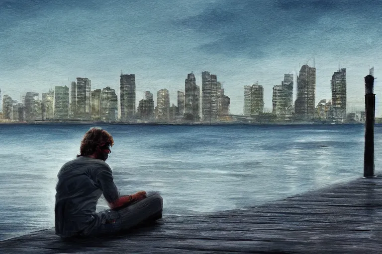 Prompt: A man sitting on a jetty, city in the background, cinematic lighting, Digital Painting