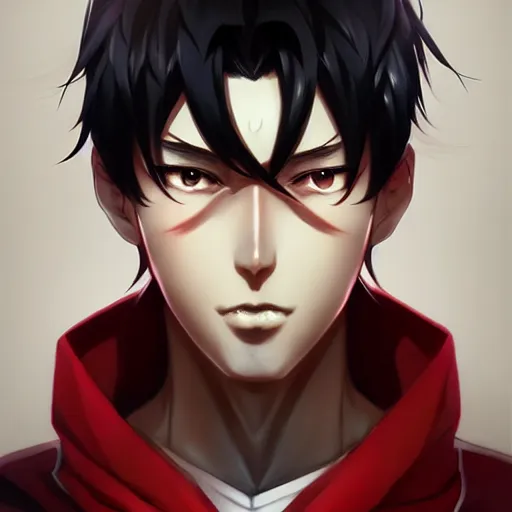 Image similar to anime portrait of a slick black hair guy with red eyes by stanley artgerm lau, wlop, rossdraws, james jean, andrei riabovitchev, marc simonetti, and sakimichan, trending on artstation