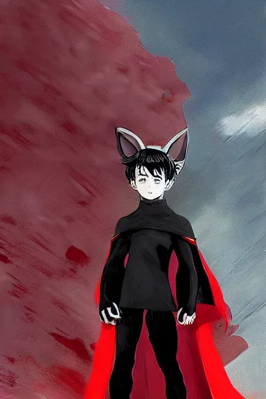 Image similar to little boy with cat ears in an black outfit with red cape. digital artwork made by lois van baarle and kentaro miura and marc simonetti, sharpness focus, inspired by hirohiko araki, anatomically correct, heroic composition, hero pose, smooth