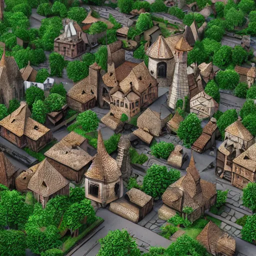 Image similar to small medieval village top view, photorealistic, trending on artstation