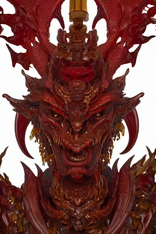 Image similar to a closeup portrait photo, alabaster and ruby real delicate ceramic porcelain sculpture of an ornate detailed humanoid dragon demon devil god in front of an intricate background by rafael, micro detail, backlit lighting, subsurface scattering, translucent, thin porcelain, fire, flames, amber, octane renderer, colorful, physically based rendering, trending on cgsociety