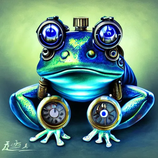 Image similar to anime mechanical blue steampunk frog with yellow eyes,, oil paint, cinematic light, 8 k, high detail