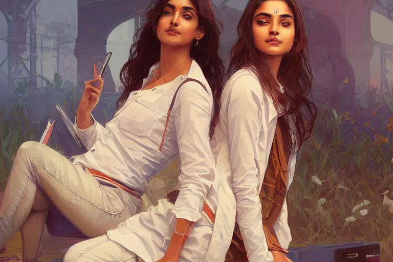 Image similar to Optimistic good looking pale young Indian doctors wearing jeans at the airport, portrait, elegant, intricate, digital painting, artstation, concept art, smooth, sharp focus, illustration, art by artgerm and greg rutkowski and alphonse mucha