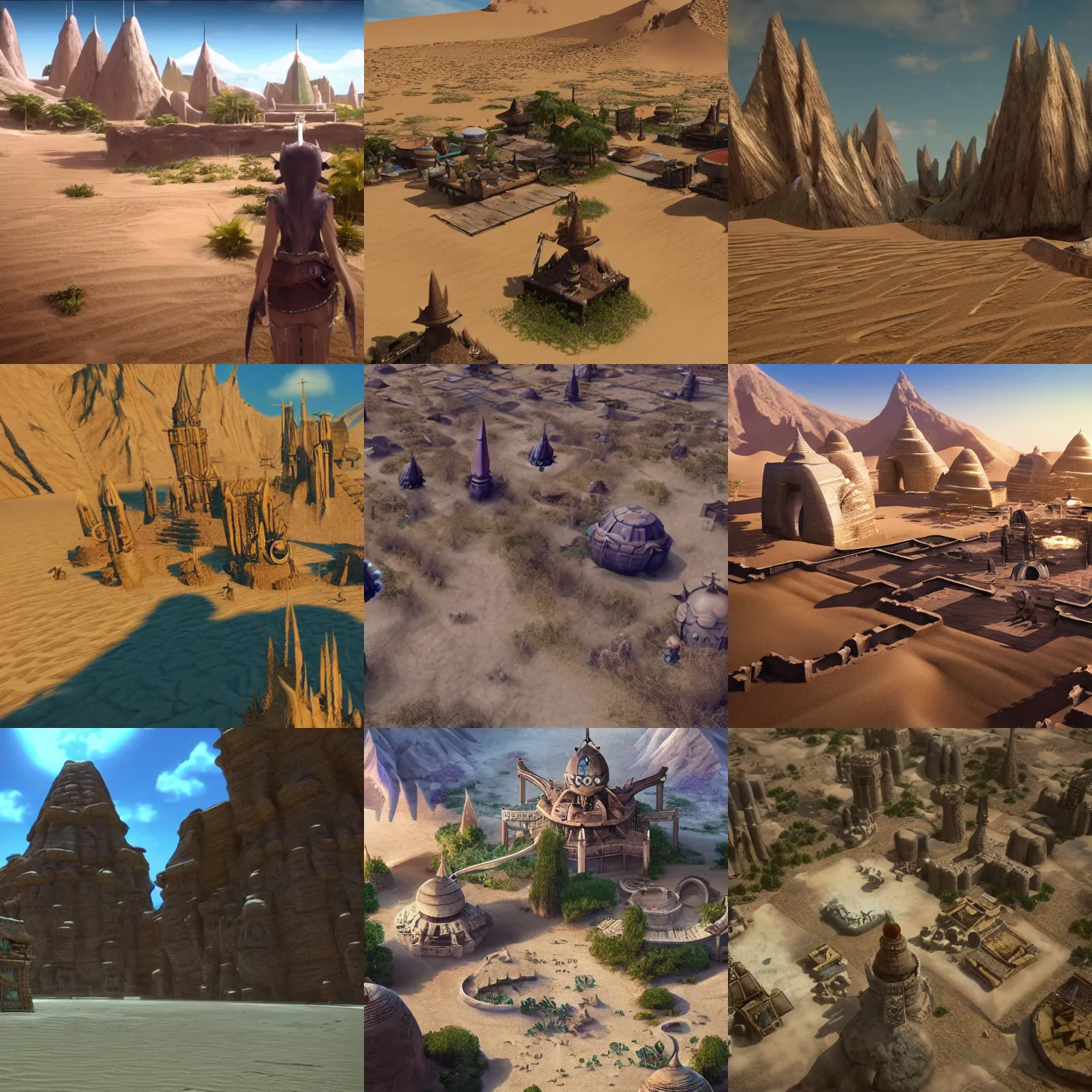 Image similar to an isolated sacred spiritual fantasy alien village in a vast sand desert, final fantasy, square enix, squaresoft, jrpg, unreal engine