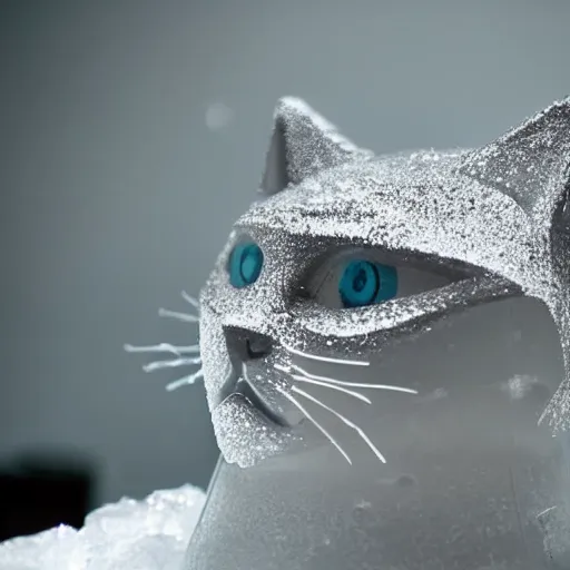 Image similar to ice sculpture of a cat, award winning photography, cinematic