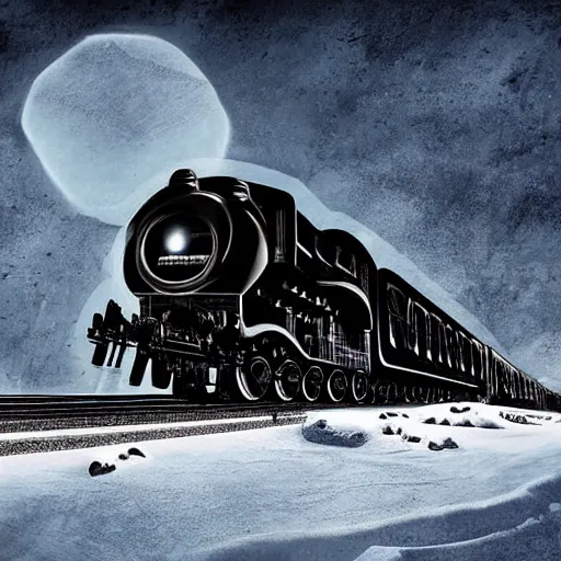 Prompt: an imposing futuristic black steam train and a giant mammoth, post - apocalyptic ice landscape with heavy snow, digital art