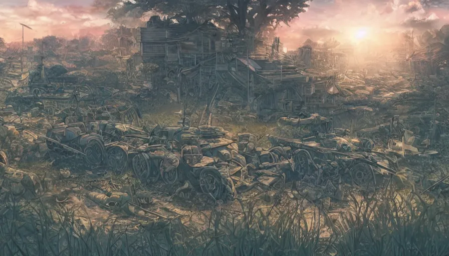 Image similar to the beautiful, dreamy, wistful view of a battlefield after war filled with death at dusk. hyperrealistic anime background illustration by kim jung gi, colorful, extremely detailed intricate linework, smooth, super sharp focus, bright colors, high contrast, matte, octopath traveler, unreal engine 5 highly rendered, global illumination, radiant light