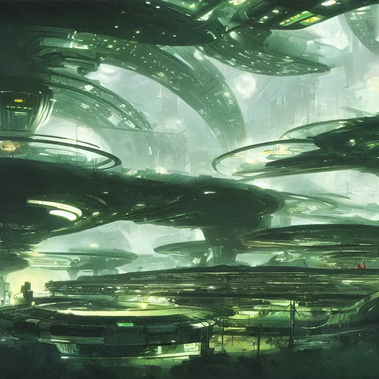 Prompt: beautiful matte painting of green gardens on a futuristic sci-fi space station, cinematic angle, cinematic lighting, by Syd Mead, John Harris, Federico Pelat