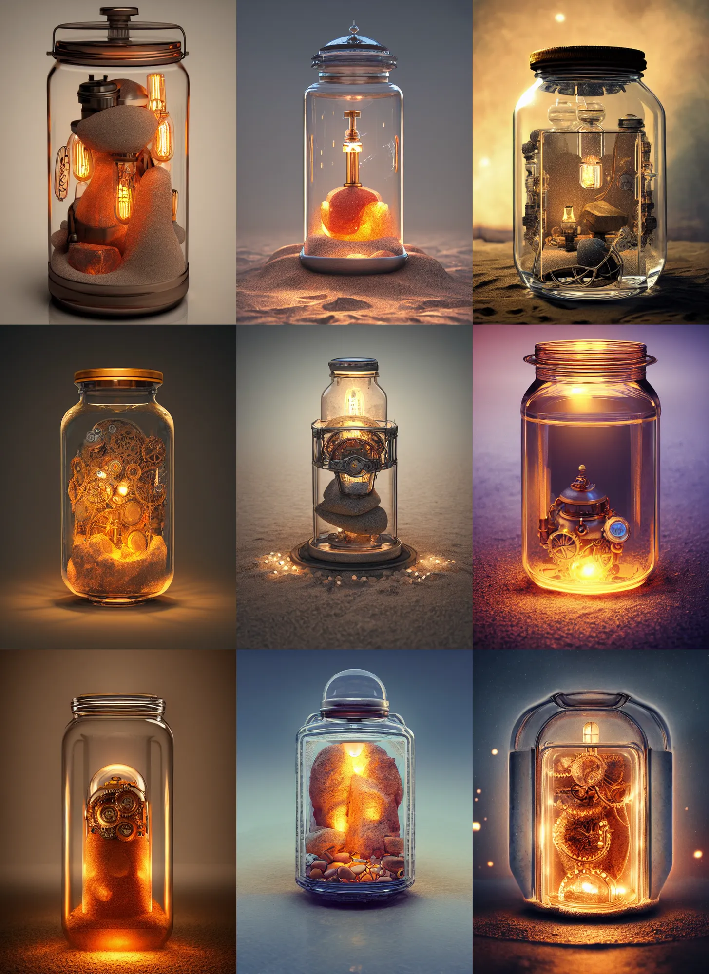 Prompt: steampunk himalayan rocksalt lamp inside a glass jar buried in sand, intricate detail, hyper detailed, ultra realistic, sharp focus, octane render, lantern, volumetric, ray tracing, artstation trending, moon, pocketwatch, cgsociety, sense of awe, mystical, moon, 4 k