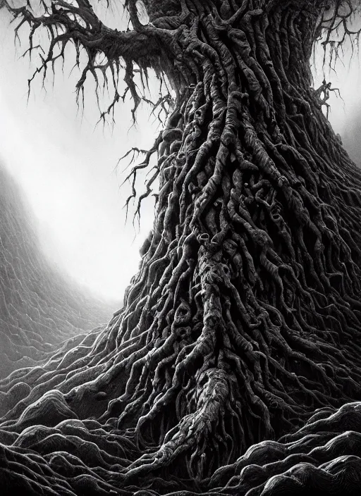 Image similar to close up portrait of a monster tree in the scary mountains of hell, oil painting by tomasz jedruszek and nicolas delort, cinematic lighting, pen and ink, intricate line, hd, 4 k, million of likes, trending on artstation