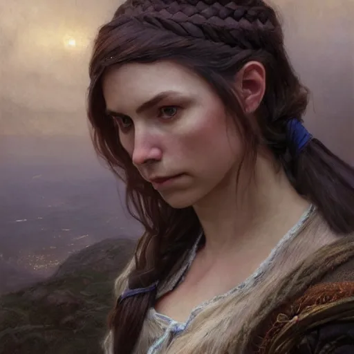 Prompt: portrait of a commoner, cloth, blue hour, solemn, dungeons and dragons character, dramatic lighting, female, brown hair, celtic braid, castle background, gorgeous view, realistic, high detail, digital art, painted by greg rutkowski, painted by jeremy mann, painted by alphonse mucha, trending on artstation