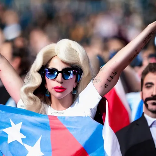 Image similar to Lady Gaga as president, Argentina presidential rally, Argentine flags behind, bokeh, giving a speech, detailed face, Argentina