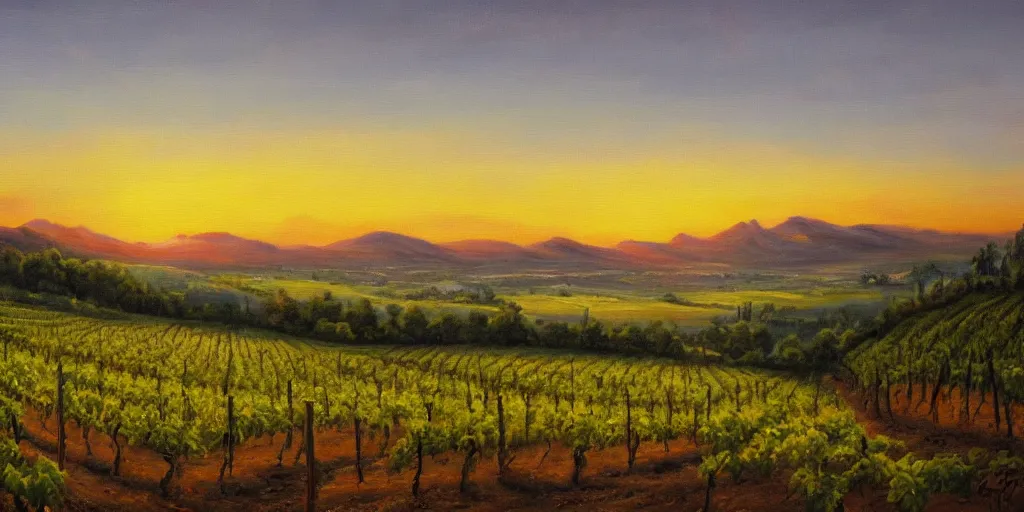 Prompt: a beautiful landscape painting of a sprawling vista with vineyards, dramatic sunset, by zohar flax, oil on canvas, highly detailed, hd, 4 k