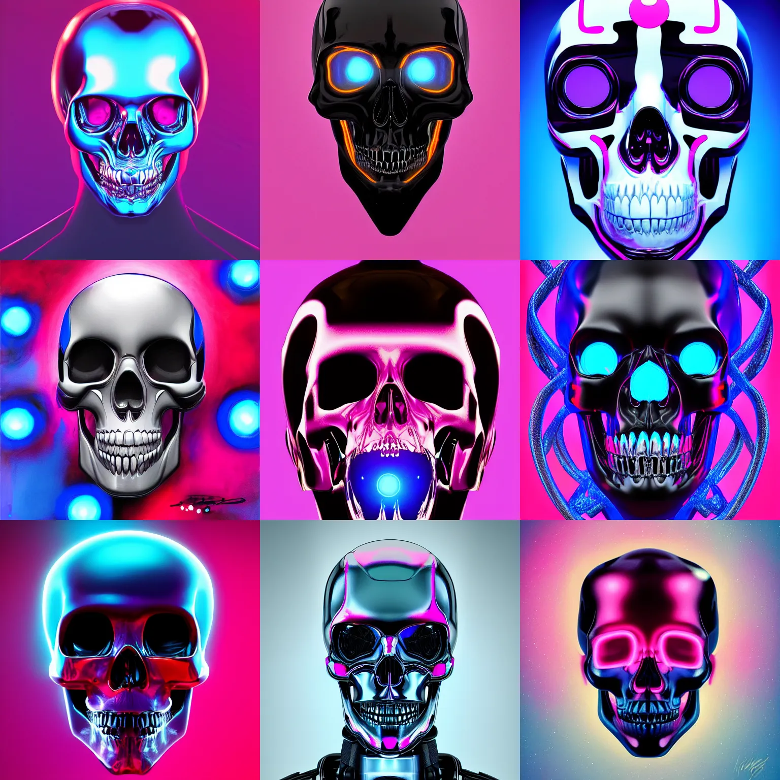 Prompt: portrait of a glossy black robot skull head, blue and pink highlights, glowing eyes, digital art, artstation