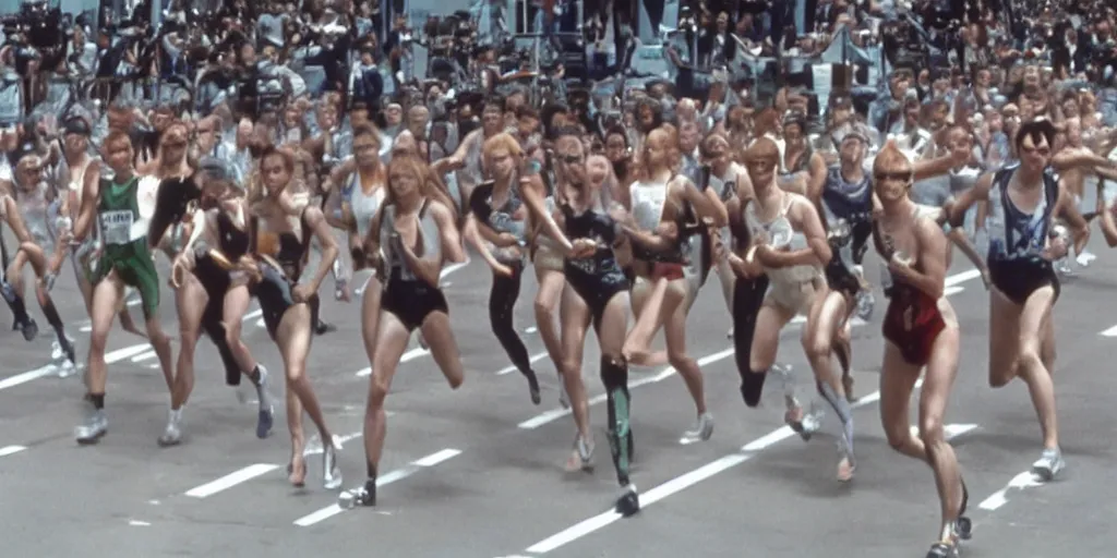 Image similar to The matrix, LeeLoo, Starship Troopers, Sprinters in a race, The Olympics footage with crowd cheering, cinematic stillframe, french new wave, The fifth element, vintage robotics, formula 1