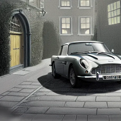 Image similar to a pencil sketch of anaston martin db 5, in a rich london mews residential street, medium range, studio ghibli, ( pixar ) and disney animation, sharp, very detailed, unreal engine 5 render, bloom, high resolution, anime key art by greg rutkowski