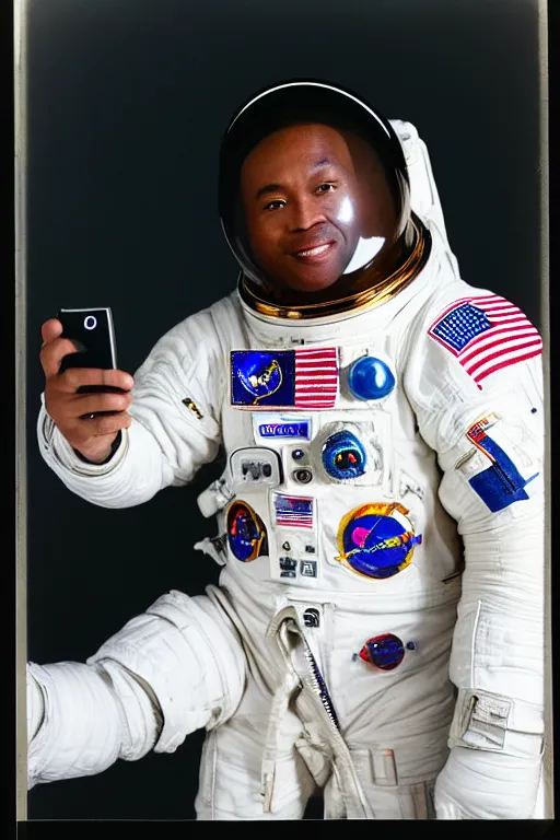 Image similar to extremely detailed studio portrait of space astronaut taking a selfie, holds a smart phone in one hand, phone!! held up to visor, reflection of phone in visor, moon, extreme close shot, soft light, golden glow, award winning photo by james van der zee