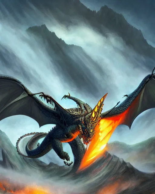 Prompt: ''dragon breathing fire, rule of thirds, fantasy, mountain landscape, d & d, digital painting, artstation, deviantart, concept art, illustration, art by dragolisco and anne stokes and nico niemi''