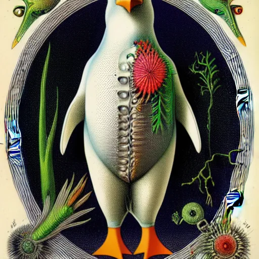 Image similar to cyborg penguin by ernst haeckel, masterpiece, vivid, very detailed