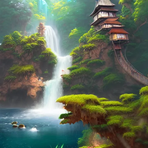 Prompt: a painting of a tengu dream land with a waterfall in front of it, a detailed matte painting by tyler edlin, featured on cgsociety, arts and crafts movement, artstation hq, unreal engine 5, unreal engine