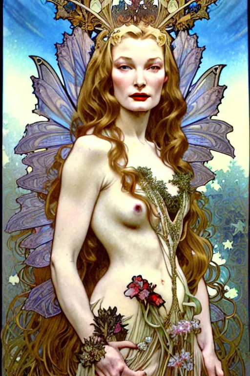 Prompt: realistic detailed face portrait of beautiful young Veronica Lake as Fairy Queen Titania wearing an elaborate royal medieval gown by Alphonse Mucha, Ayami Kojima, Yoshitaka Amano, Charlie Bowater, Karol Bak, Greg Hildebrandt, Jean Delville, and Mark Brooks, Art Nouveau, Pre-Raphaelite, Gothic Revival, exquisite fine details, 4k resolution