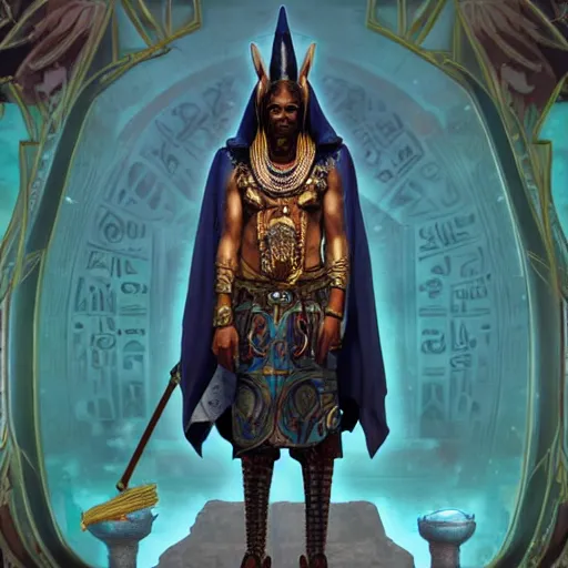 Prompt: Snoop Dogg as the egyptian god Anubis, D&D, fantasy, intricate, cinematic lighting, highly detailed, digital painting, artstation, concept art, smooth, sharp focus, illustration, art by Akihiko Yoshida, Greg Rutkowski and Alphonse Mucha