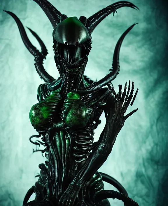 Image similar to xenomorph queen goth model hybrid, dragon eggs, dark emerald mist colors, giger background liminal void, cinematic lighting, realistic, award winning photograph, various refining methods, micro macro autofocus