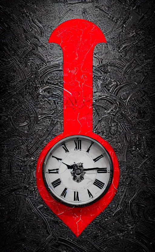 Image similar to a melting Roman numeral clock, behind a red and black gradient background, awith a black heart shaped on the top left corner and a black diamond card shape in the bottom right corner, dynamic lighting, photorealistic fantasy concept art, trending on art station, stunning visuals, cinematic, creative, ultra detailed