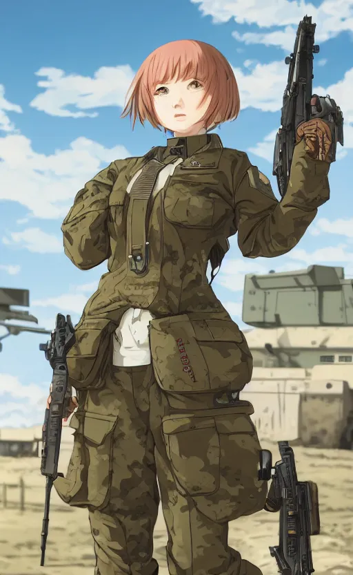 Prompt: portrait of a female soldier, highly detailed, high resolution, military camp in the background, genshin impact visual style, illustration, stunning, girls frontline style, bokeh soft, matte, 100mm, by professional photographer, hayao miyazaki, ilya kuvshinov, realistic human anatomy, realistic military carrier, modern warfare, realistic weapon, shot with a arriflex 35 ii, low saturation, small eyes, thick artline