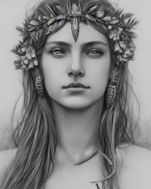 Image similar to pencil drawing of a beautiful greek goddess aphrodite wearing a laurel wreath and arrowhead earrings, beautiful confident eyes, beautiful flowing hair, hyper realistic face, in the style of greg rutkowski, fantasy, amazing detail, epic, elegant, smooth, sharp focus, from the front