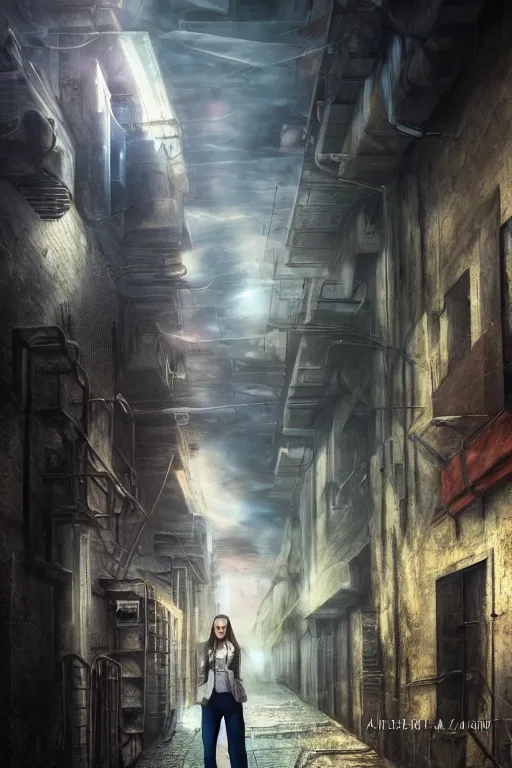 Prompt: hyperrealism portrait, digital art, wallpaper of a dystopian female engineer in an alley way, diffused lighting, renaissance nimbus overhead, by aleksi briclot, by laura zalenga, by alexander holllow fedosav, 8 k dop dof hdr, vibrant