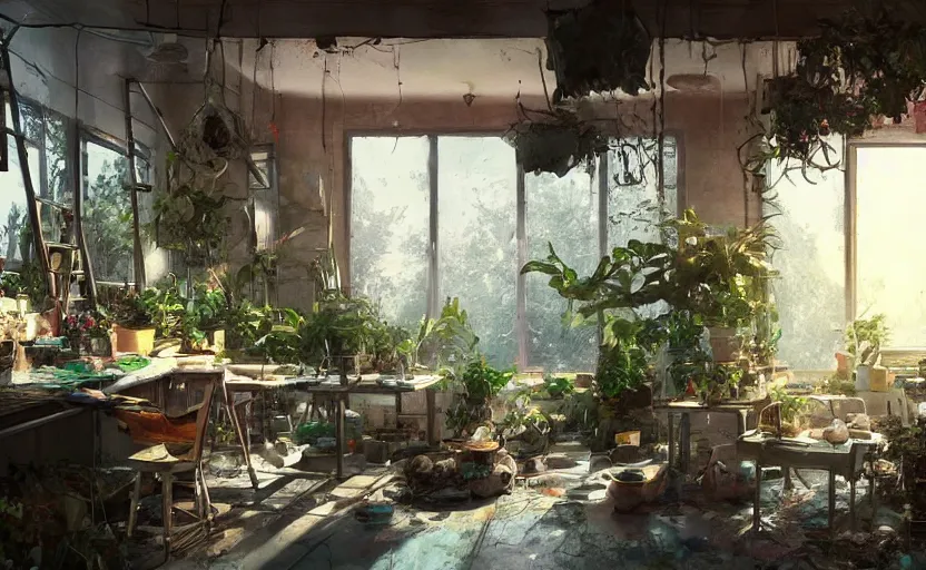 Image similar to a stylish artist studio interior, messy, many plants, painting by Craig Mullins, octane rendering, soft morning lighting, ultra wide angle lens, low view, in the style of Hayao Miyazaki, trending on artstation,