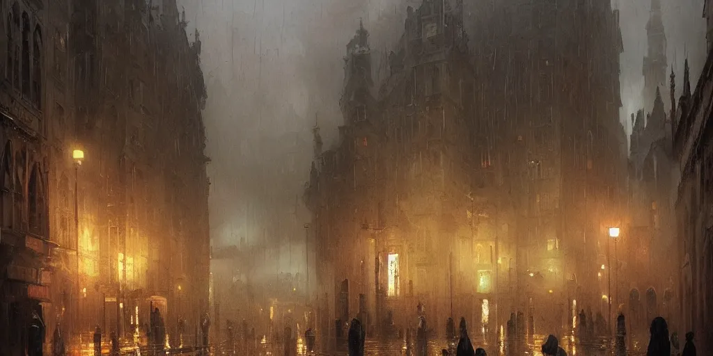 Image similar to an oil painting of a downpour in the middle of the street of a medieval city, moody lighting, fog, dark fantasy, by greg rutkowski, trending on artstation