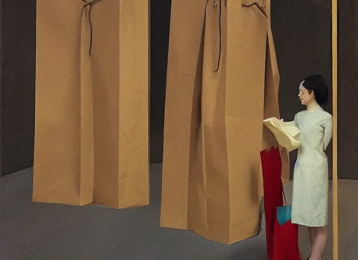 Image similar to woman wearing paper bags for clothes standing inside paper bags at store display Edward Hopper and James Gilleard, Zdzislaw Beksinski, highly detailed