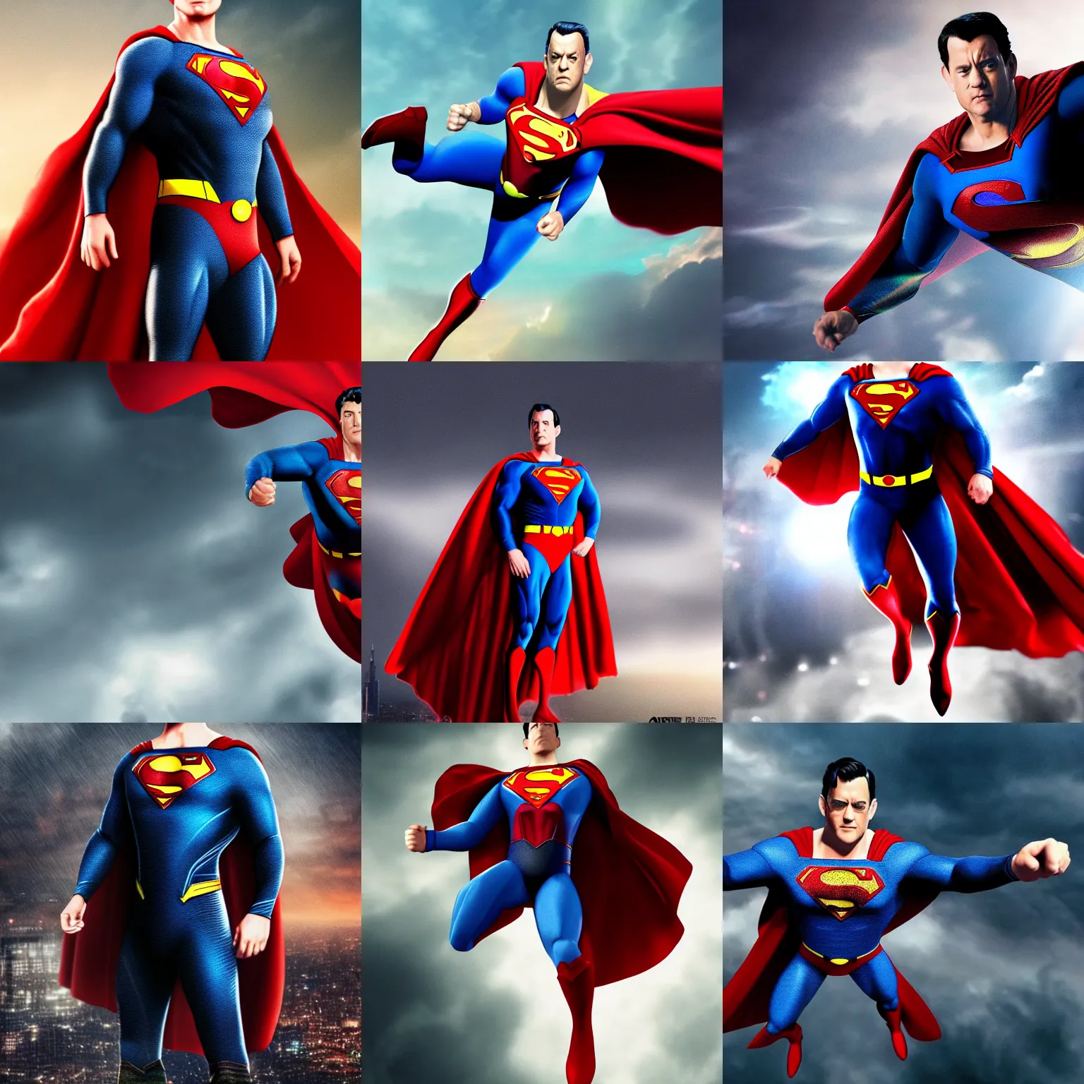 Prompt: tom hanks as superman, flying over dark gotham, epic digital art, cinematic, trending on artstation, superb detail 8 k masterpiece