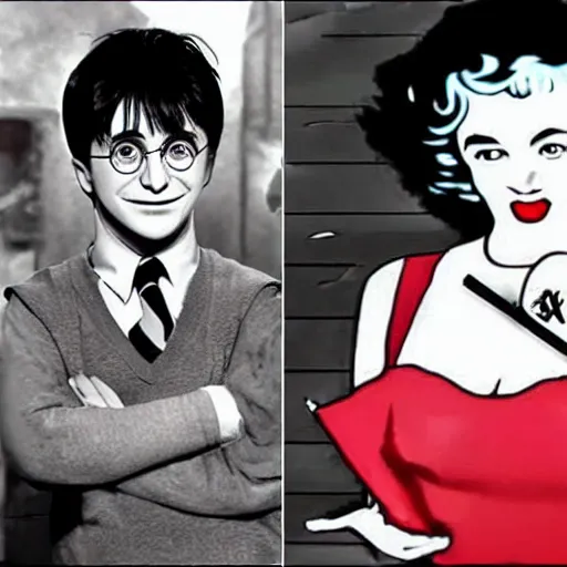 Image similar to a hard core meme featuring harry potter and marylin monroe