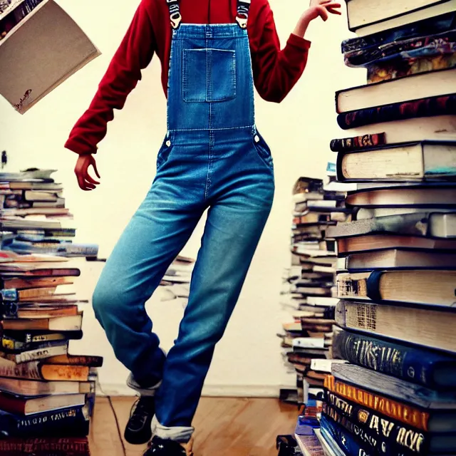 Image similar to full body pose, beautiful adult book fairy, pixar, short white hair shaved sides, dirty, grungy, grunge, long sleeve, painted overalls, stacks of giant books, highly detailed, 4 k, hdr, smooth, sharp focus, high resolution, award - winning photo, artgerm, photorealistic