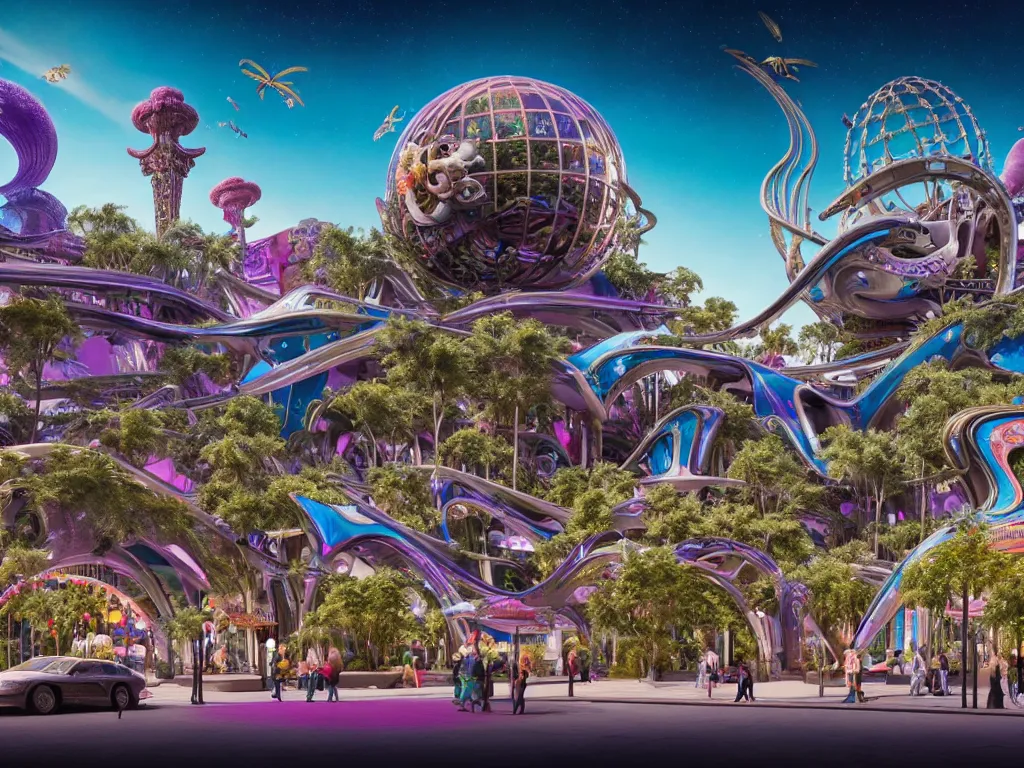 Image similar to a busy elaborate ornate outdoor science museum, cinematic, shadows, 4 k, detailed, by zaha hadid and lisa frank and peter jackson and ridley scott and beeple and greg rutowski