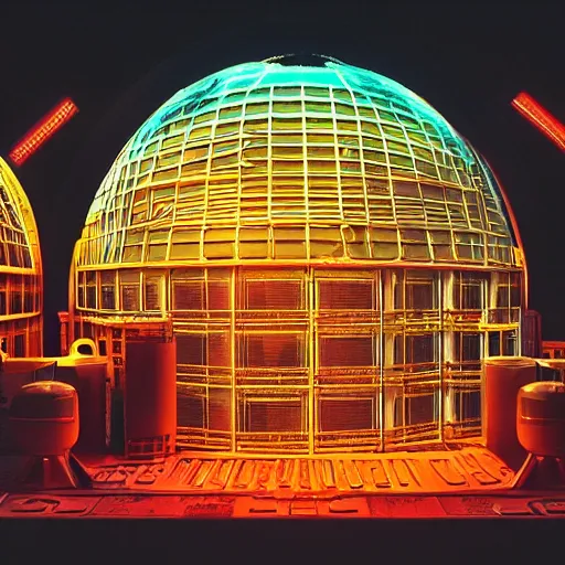 Image similar to 35mm film still blade runner set on Mars in an neon city, domes made of glas by Alex grey and Dan Mumford