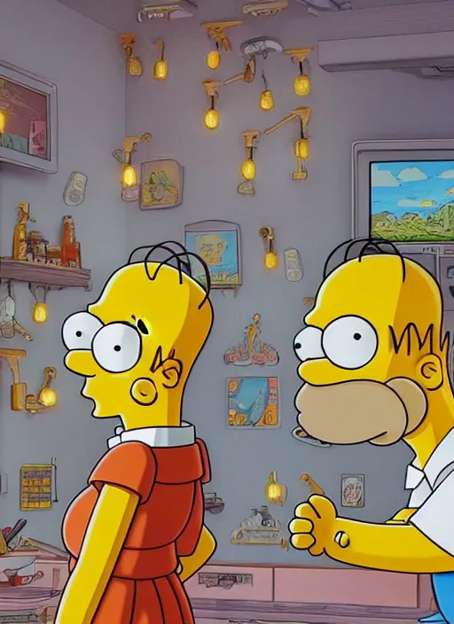 Image similar to Homer Simpson, sharp focus, illustation, stunning lighting, realistic character concept, light atmosphere, golden ration, cinematic lighting, high resolution, insanely detailed and intricate, art by Hayao Miyazaki, 8k