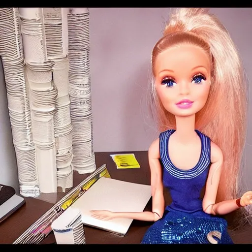 Prompt: a tired!!!!! and sad!!!!! looking barbie doll sits at a desk in her office. she is surrounded by towers!!!!!!!!!!!!! of loose papers!!!!!!!!!!!!!!. her head is resting on her hand, photorealistic,