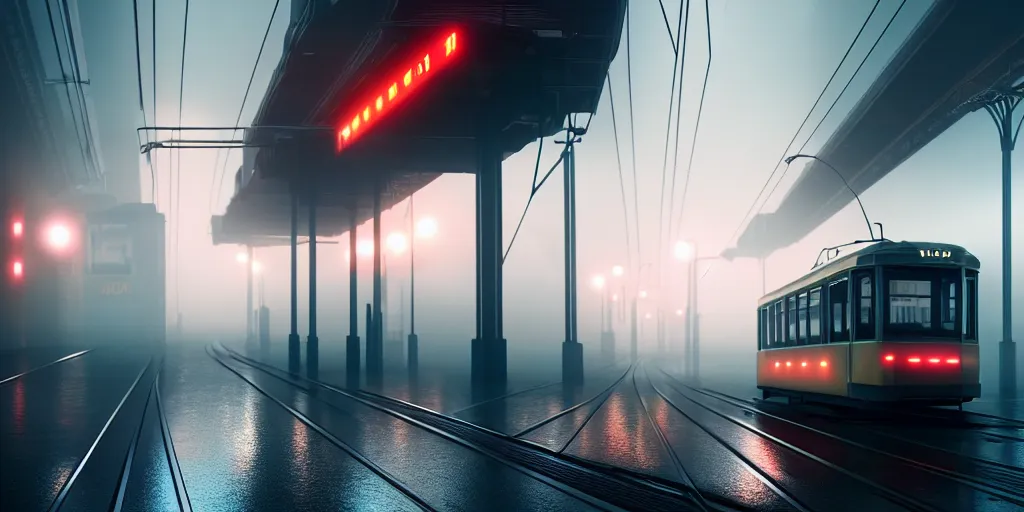 Image similar to tram on the viaduct ， foggy ， tyndall effect ， blade runner 2 0 4 9, 4 k resolution, ultra wide angle, cinematic, octane render