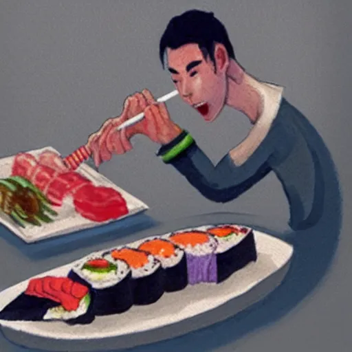 Image similar to A piece of sushi eating a person, concept art