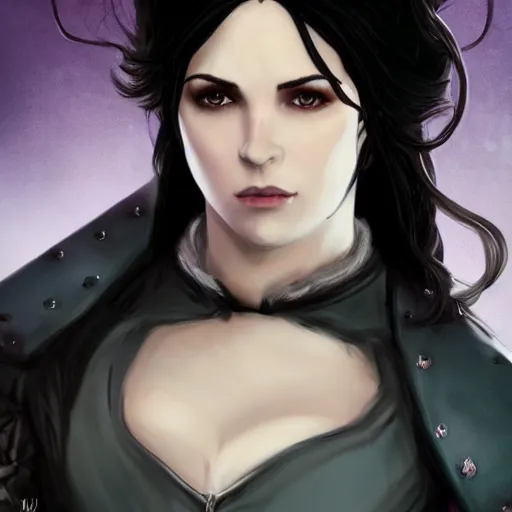 Prompt: yennefer as a medieval fantasy tolkien elf, dark purplish hair tucked behind ears, wearing leather with a fur lined collar, wide face, muscular build, scar across the nose, cinematic, character art, real life, 8 k, detailed.