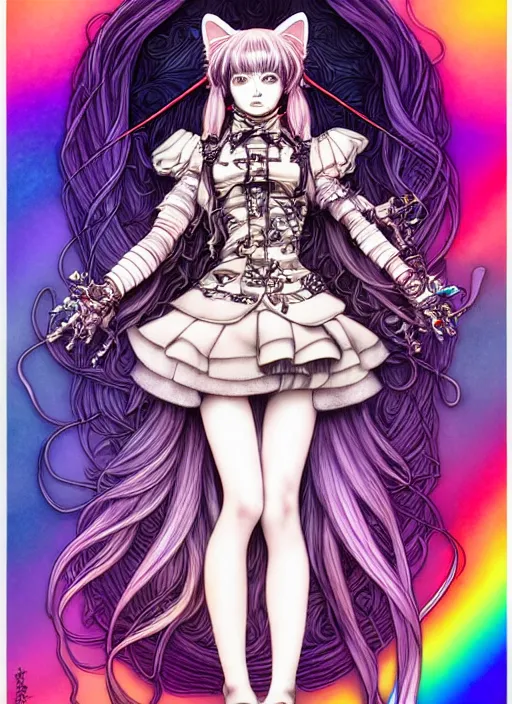 Image similar to highly detailed terada katsuya artstation artgerm manga poster of cat girl mechine, rainbow gradient reflection, ayami kojima, long hair, armor, dress, laces, ruffles, 8 k, maximalist, takato yamamoto