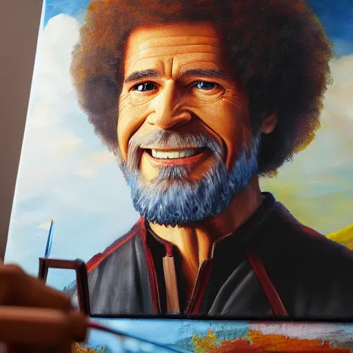 Image similar to a closeup photorealistic photograph of bob ross working on a canvas painting of iron man. film still. this 4 k hd image is trending on artstation, featured on behance, well - rendered, extra crisp, features intricate detail, epic composition and the style of unreal engine.
