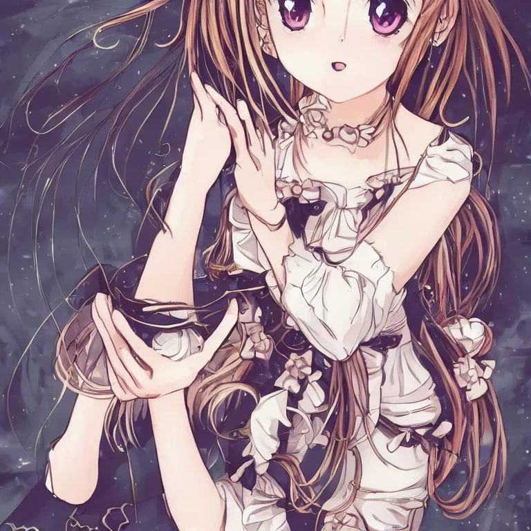 Prompt: beautiful illustration of anime maid, stunning and rich detail, pretty face and eyes