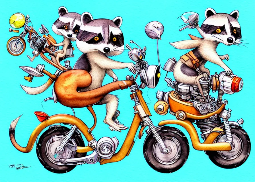 Prompt: cute and funny, racoon riding in a tiny sport motorcycle with oversized engine, ratfink style by ed roth, centered award winning watercolor pen illustration, isometric illustration by chihiro iwasaki, edited by range murata, tiny details by artgerm and watercolor girl, symmetrically isometrically centered